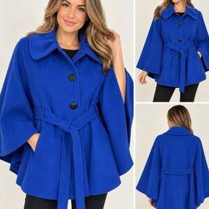 Ellen Tracy Cobalt BluebWool Blend Cape Coat XL Belted Poncho Jacket Statement